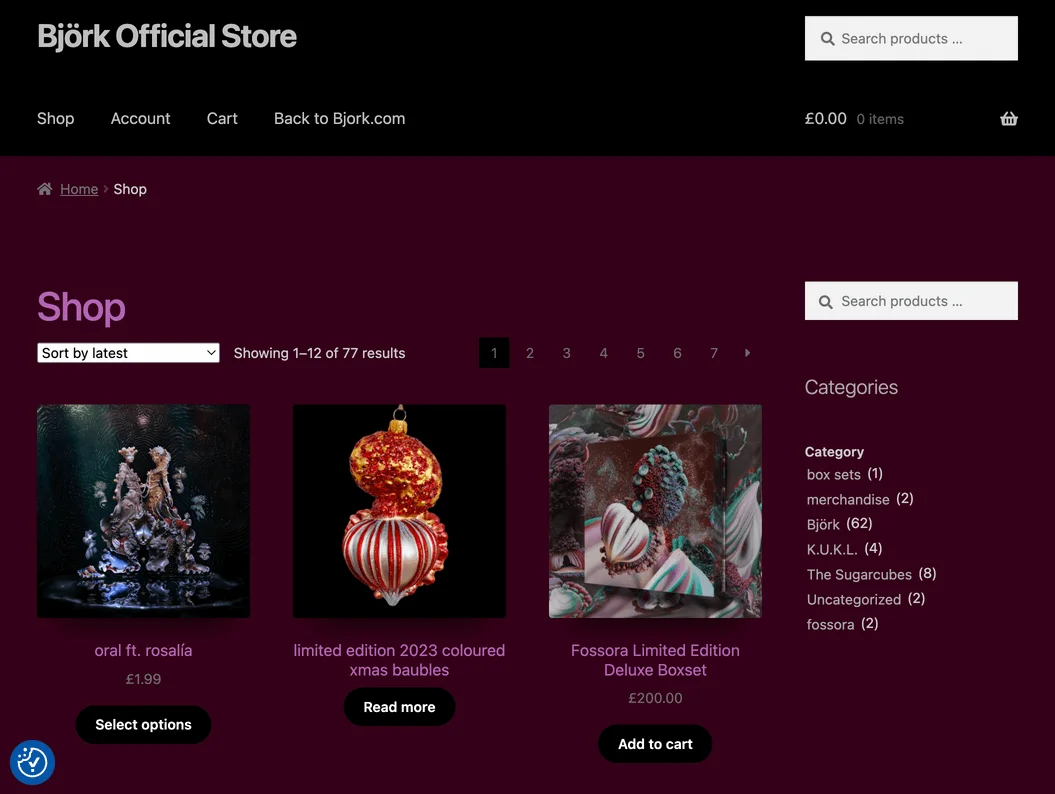 Screenshot of the shop.bjork.com, the home page for Icelandic singer-songwriter Bjork.