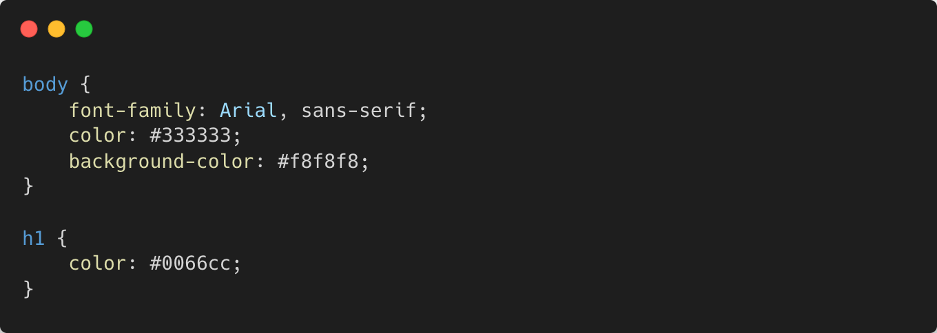 CSS code snippet defining styles for the body and h1 elements. The body is styled with Arial font, a text color of #333333, and a background color of #f8f8f8. The h1 element is styled with a text color of #0066cc.