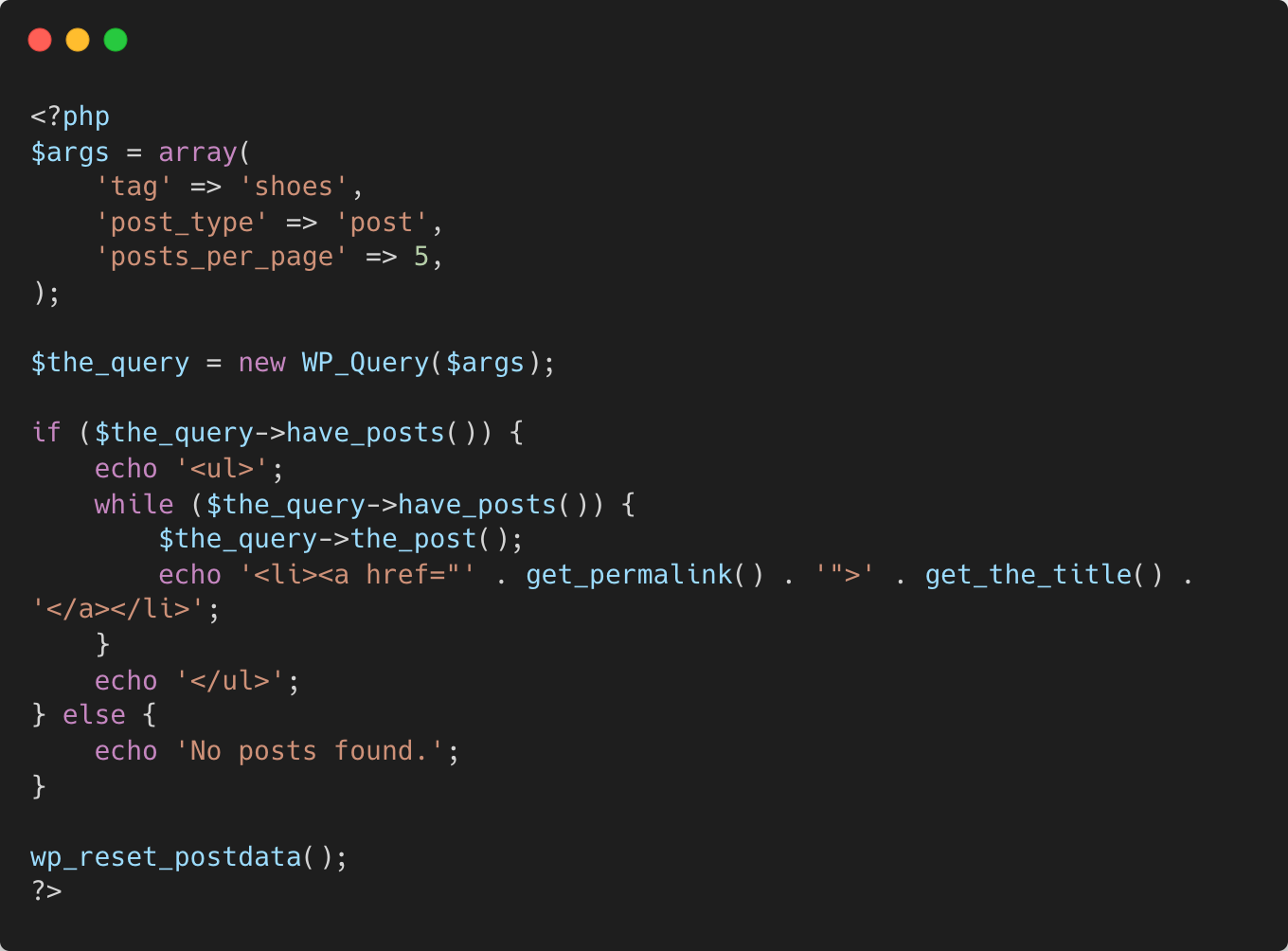 A PHP code snippet used in WordPress to fetch and display the latest 5 blog posts tagged with 'shoes'. It utilizes the WP_Query class to perform the query and iterates through the results, outputting each post title as a hyperlink in an unordered list. The snippet concludes with a reset of the post data for best practices in WordPress development.