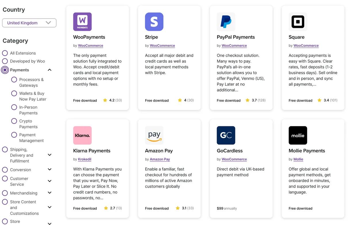 Screenshot of payment gateway solution extensions as posted to woo.com.