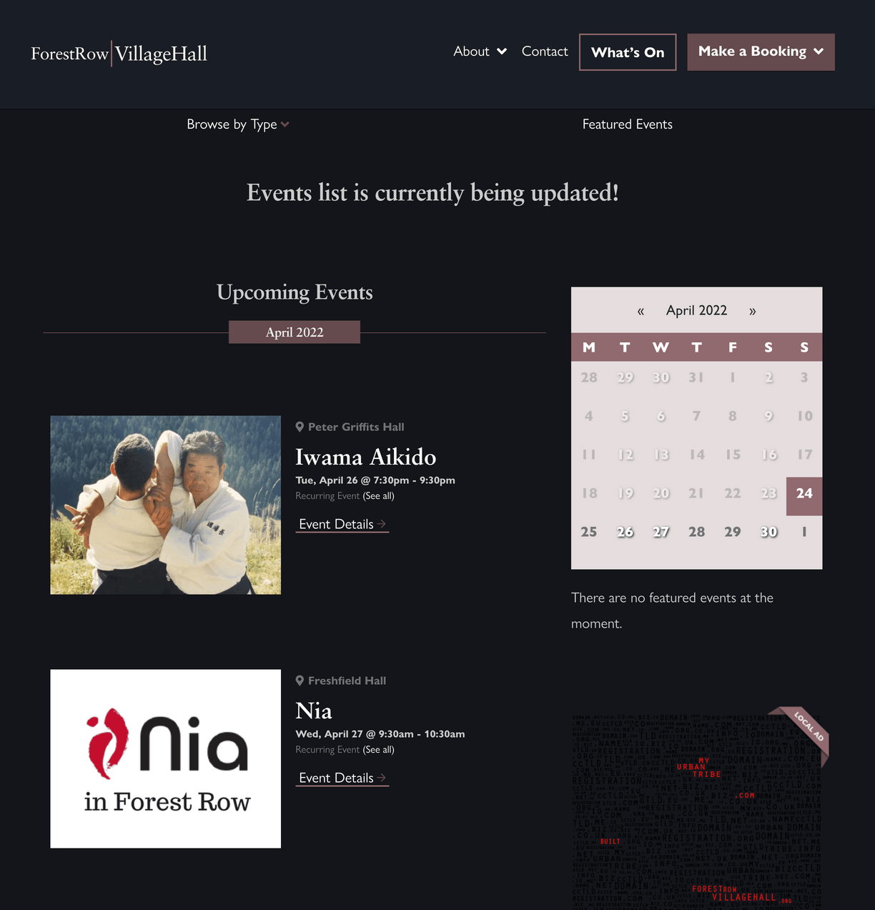 Screenshot of the Village Hall events calendar