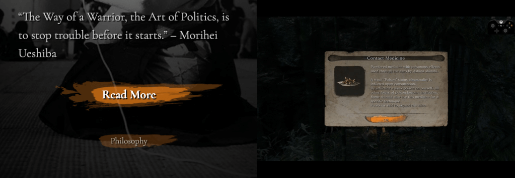 Screenshots from TAFR website and Sekiro game showing inspiration for the read more button.